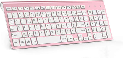 Wireless AZERTY Keyboard 2.4G USB — Ultra-Thin, Silent, Ergonomic French Keyboard for PC & Laptop, Pink/Grey/Silver