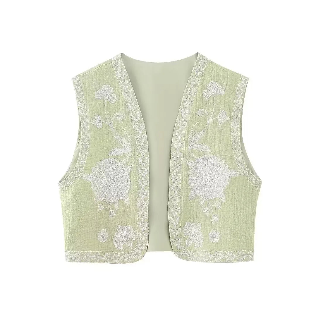 KEYANKETIAN Women's Vintage Floral Embroidered Open Waistcoat – National Style Vest Jacket, Casual Vacation Crop Top
