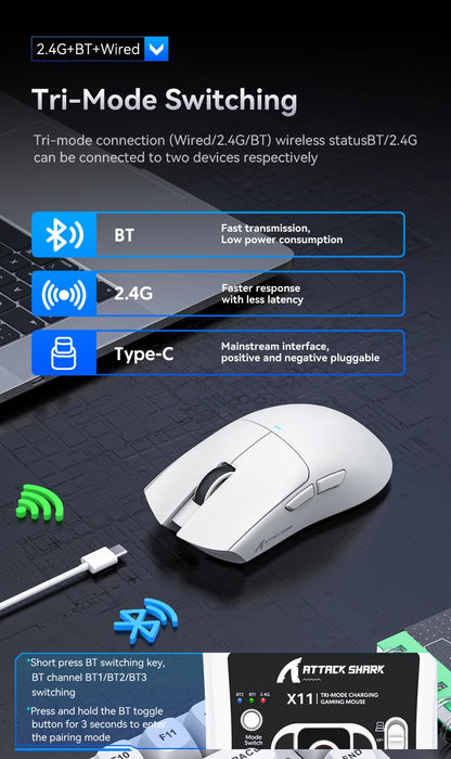 Attack Shark X11 Tri-Mode Wireless Gaming Mouse – 2.4GHz/Wired/Bluetooth PAW3311 22000DPI RGB PC Mouse 400IPS
