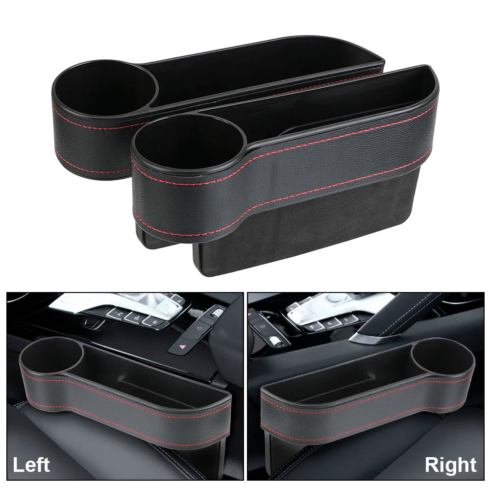Car Seat Gap Organizer – Leather Auto Crevice Storage Box with Cup & Phone Holder, USB Option