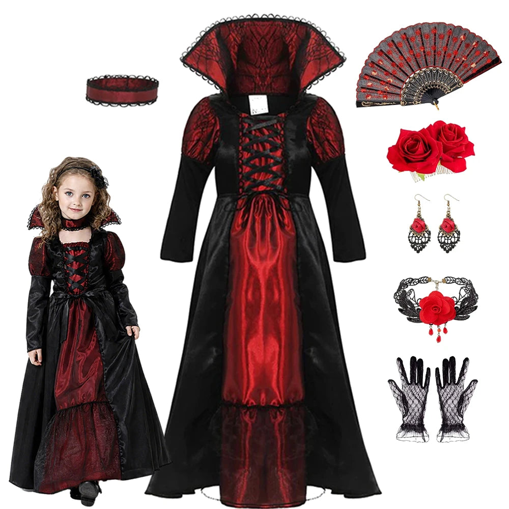 Girls Vampire Queen Costume - Black & Red Vintage Long Dress with Collar for Halloween & Cosplay