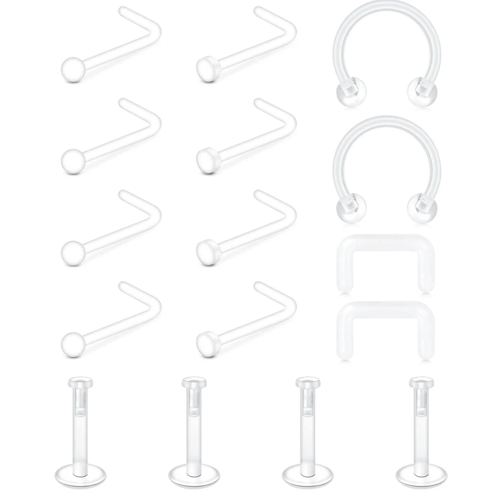 Clear Nose Rings & Studs - Plastic Piercing Retainers for Work, Sports & Healing