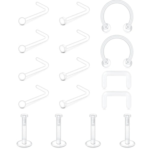 Clear Nose Rings & Studs - Plastic Piercing Retainers for Work, Sports & Healing