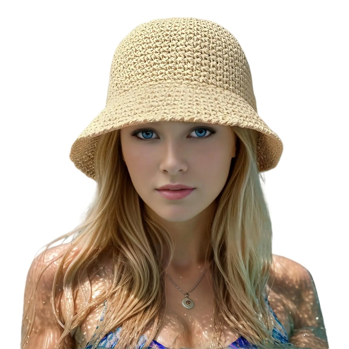 Women’s Summer Crochet Straw Bucket Hat – UV-Protect, Breathable Foldable Sunshade Cap for Beach & Outdoor Fashion