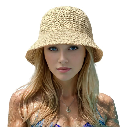Women’s Summer Crochet Straw Bucket Hat – UV-Protect, Breathable Foldable Sunshade Cap for Beach & Outdoor Fashion