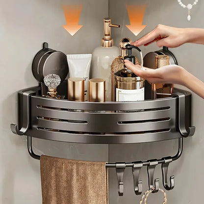 Space-Saving Suction Cup Bathroom Shelf — No-Drill Triangular Rack with Hooks for Shower & Toilet Storage