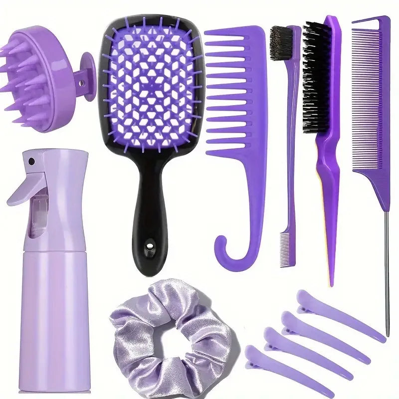 12PCS Hairstyling Comb Set – Tail Comb, Hair Spray Bottle, Loop Weaving Tool, Shampoo Brush & Salon Styling Tools