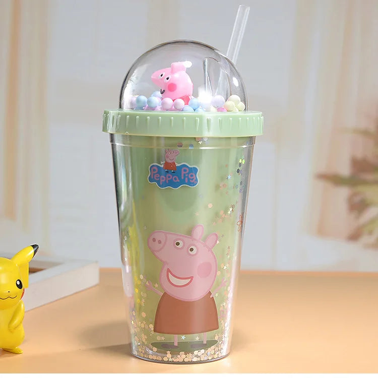 450ML Peppa Pig Plastic Water Bottle – Double-Layer Tumbler with Straw, George Pig Design, Gift for Girls