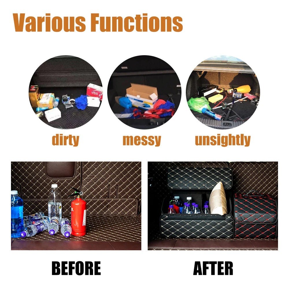 Car Trunk Organizer Box – Large Capacity Leather Storage Bag for Auto Tools, Stowing, Tidying, and Emergency Use, Folding