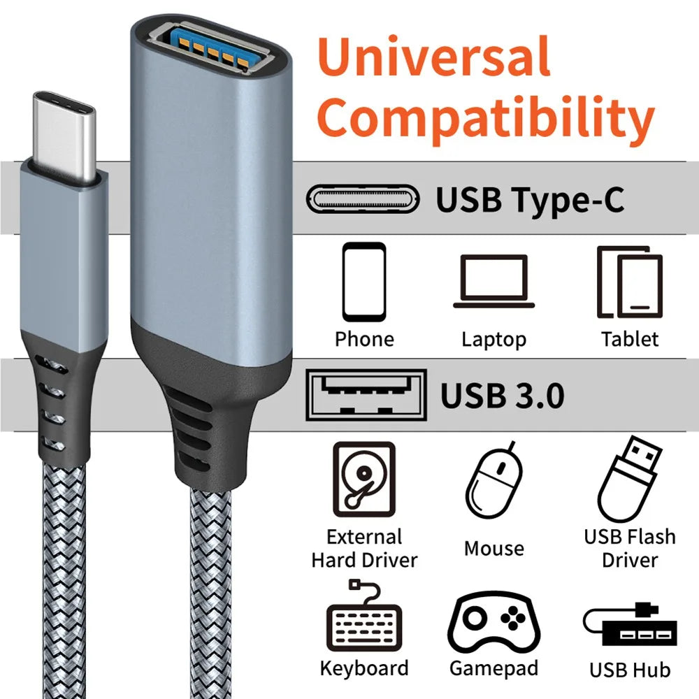 USB 3.0 OTG Adapter Cable - Type C to USB A Male-Female Extension Cable for Phones, Tablets, PCs & Car Devices