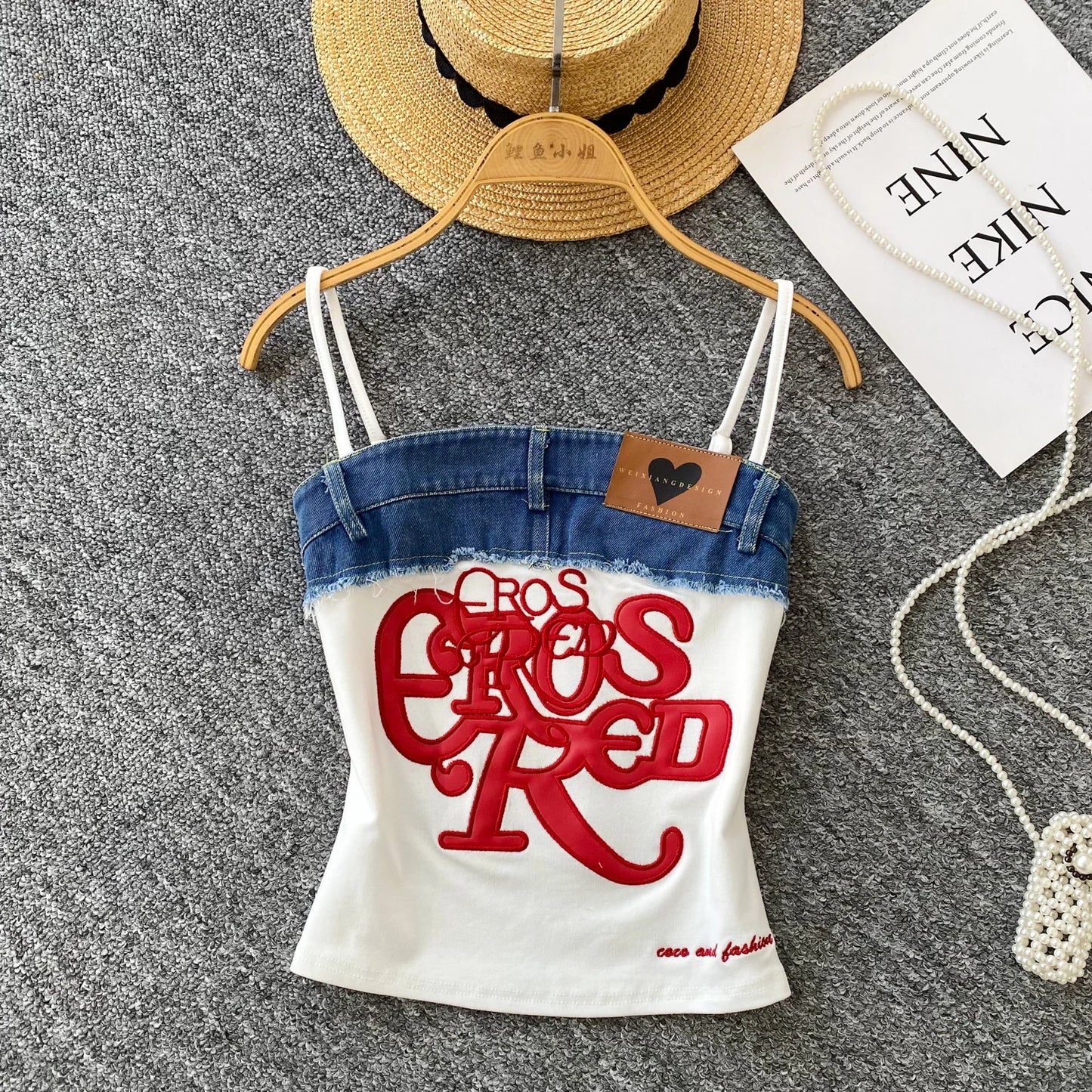 SINGREINY Y2K Denim Patchwork Crop Top — Women’s Retro Letter Embroidery Slim Streetwear Strap Top