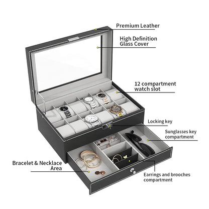 2024 12-Slot Leather Watch Storage Box — Lockable 2-Tier Organizer & Jewelry Display Drawer for Men & Women