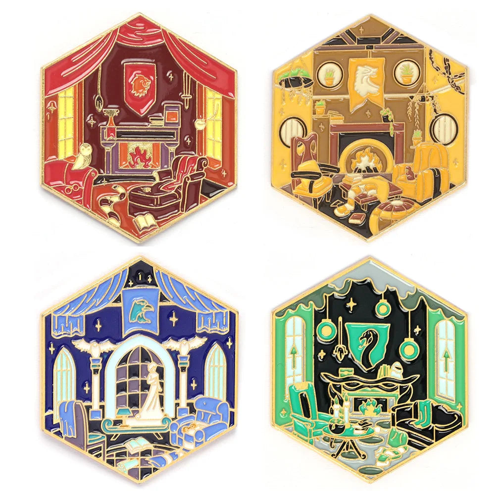 4-Piece Magic Academy Enamel Brooch Set - Movie-Inspired Lapel Pins for Backpacks, Coats, Cosplay & Party Gifts