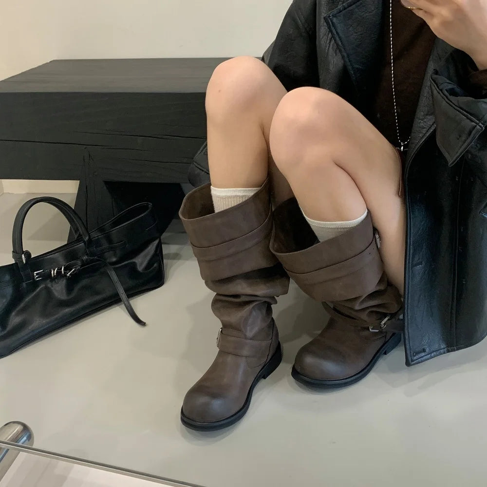 Eilyken Women’s Over-the-Knee Boots – Round Toe Punk Style with Pleated Buckle Strap, Low Square Heels for Autumn Winter