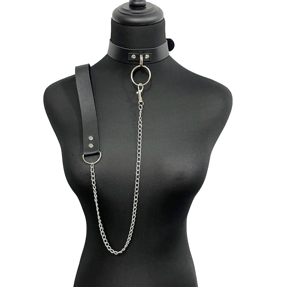 Women's PU Leather Chain Choker Collar - Handmade Gothic Necklace with Matching Leash Accessory