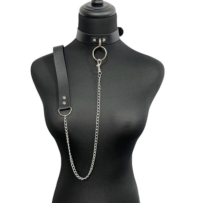 Women's PU Leather Chain Choker Collar - Handmade Gothic Necklace with Matching Leash Accessory