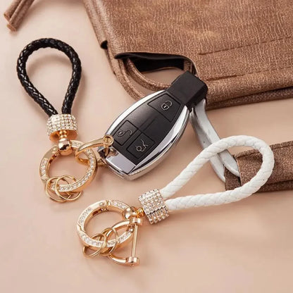 Handcrafted Braided Rope Keychain – Sparkling Rhinestone Car Key Ring, Stylish Monochrome Fashion Accessory