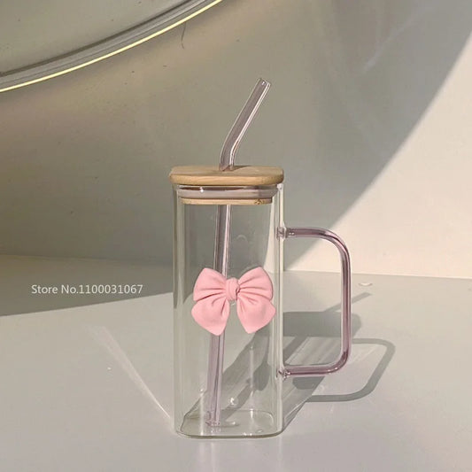 350ML Square Mug with Lid and Straw – Household Cup for Milk and Coffee, Pink Handle Gift for Women