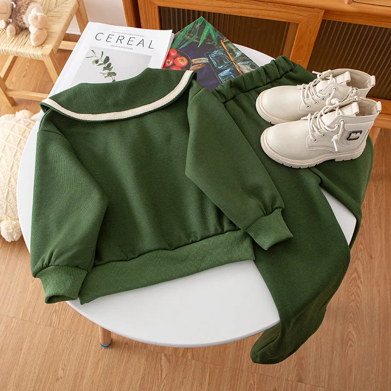 Children's Lapel Long Sleeve Top & Wide Leg Pants Set - 2-Piece Boutique Clothes for Girls, 3-7 Years