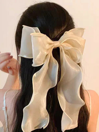 White Organza Bow Hair Clips – Fluttering Ribbon, French Fresh Premium Headdress, Large Hair Accessories for Women & Girls