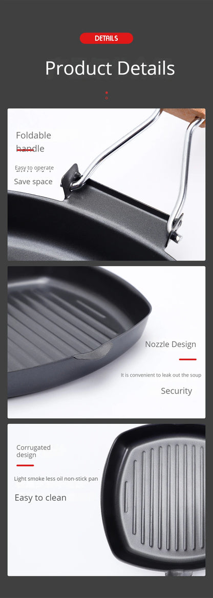 Foldable Portable Grill Pan – Double-Mouth Steak Pan with Anti-Scald Wooden Handle for Outdoor Cooking