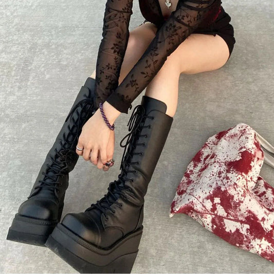 DoraTasia Women’s Black Gothic Mid-Calf Boots – Round Toe, Side Zipper Lace-Up Street & Christmas Party Shoes
