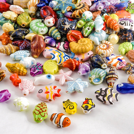 10/20/30PCS Colorful Ceramic Animal Beads – 2mm Hole Clownfish, Turtle, Star & Conch Shell for DIY Jewelry, Bracelets & Crafts