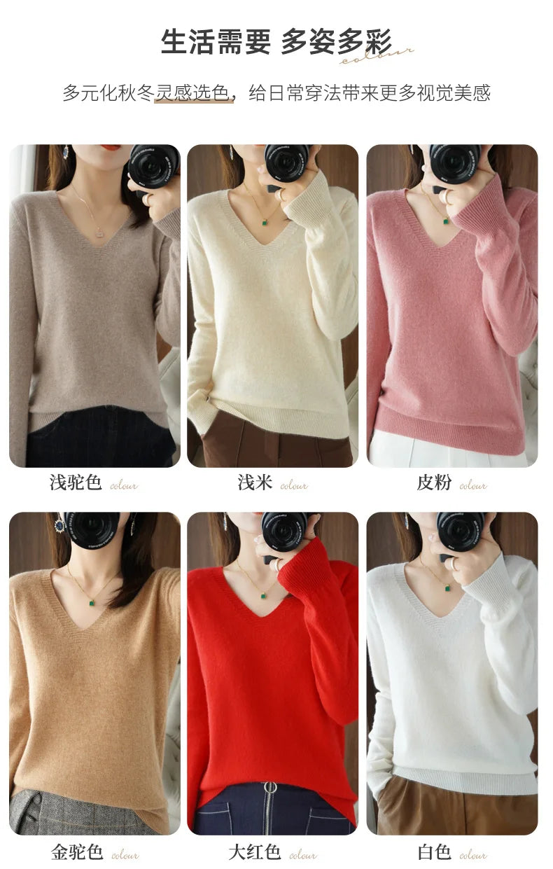 New Women’s Cashmere V-Neck Pullover – Lace Hollow Out Long Sleeve Knitted Sweater for Fall & Winter