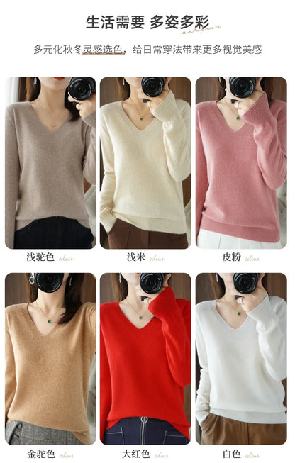 New Women’s Cashmere V-Neck Pullover – Lace Hollow Out Long Sleeve Knitted Sweater for Fall & Winter