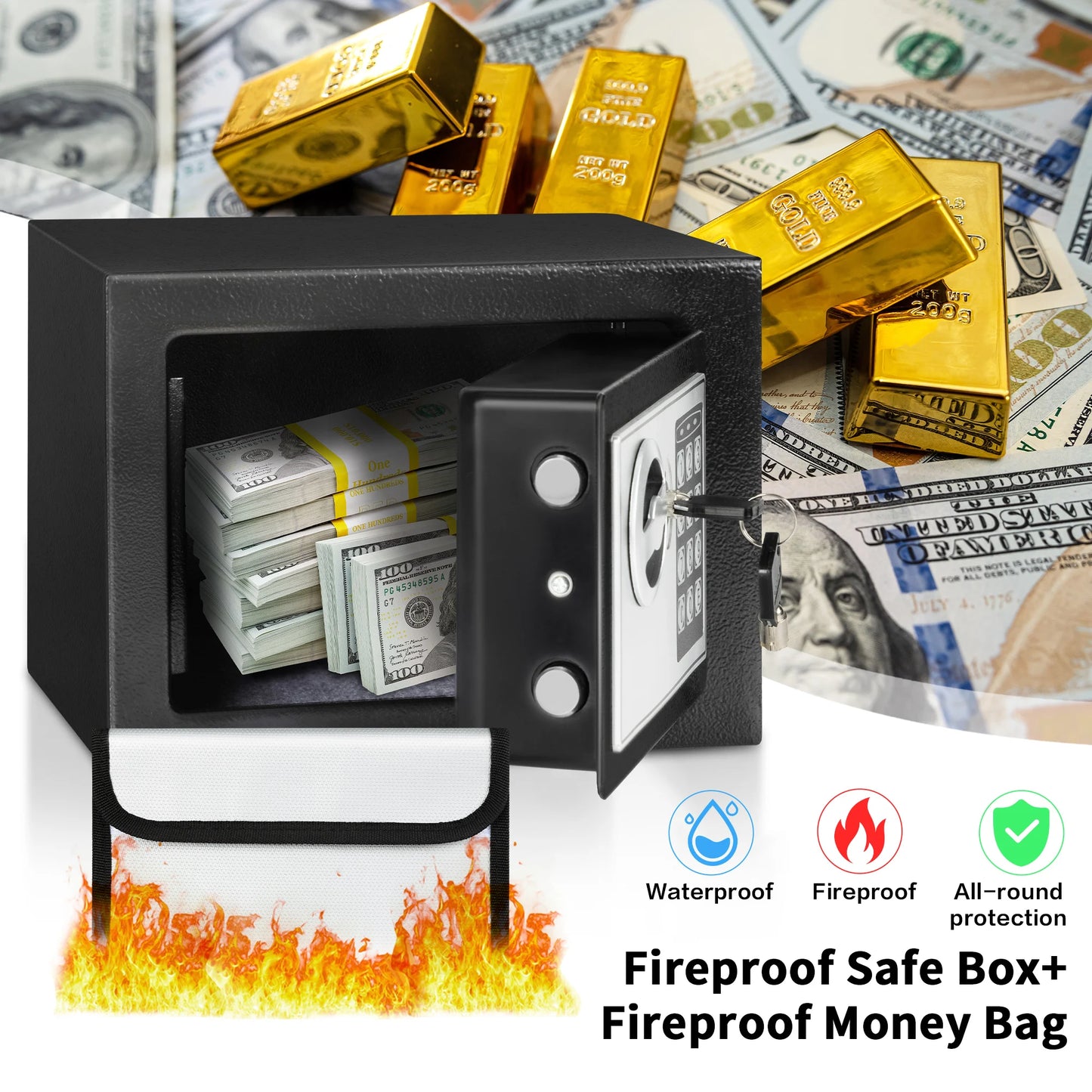 Deli 0.2 Cubic Feet Electronic Digital Safe — Steel Money Box with Fireproof Bag for Home Cash and Valuables