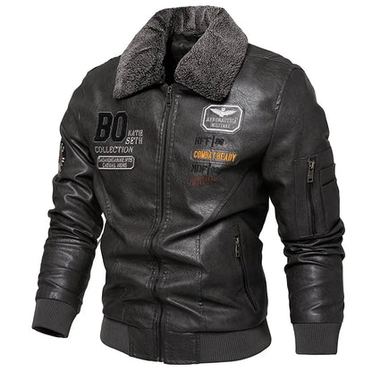Men's Slim Fit Leather Bomber Jacket - Fur Collar Warm Flight Pilot Coat Black Outerwear