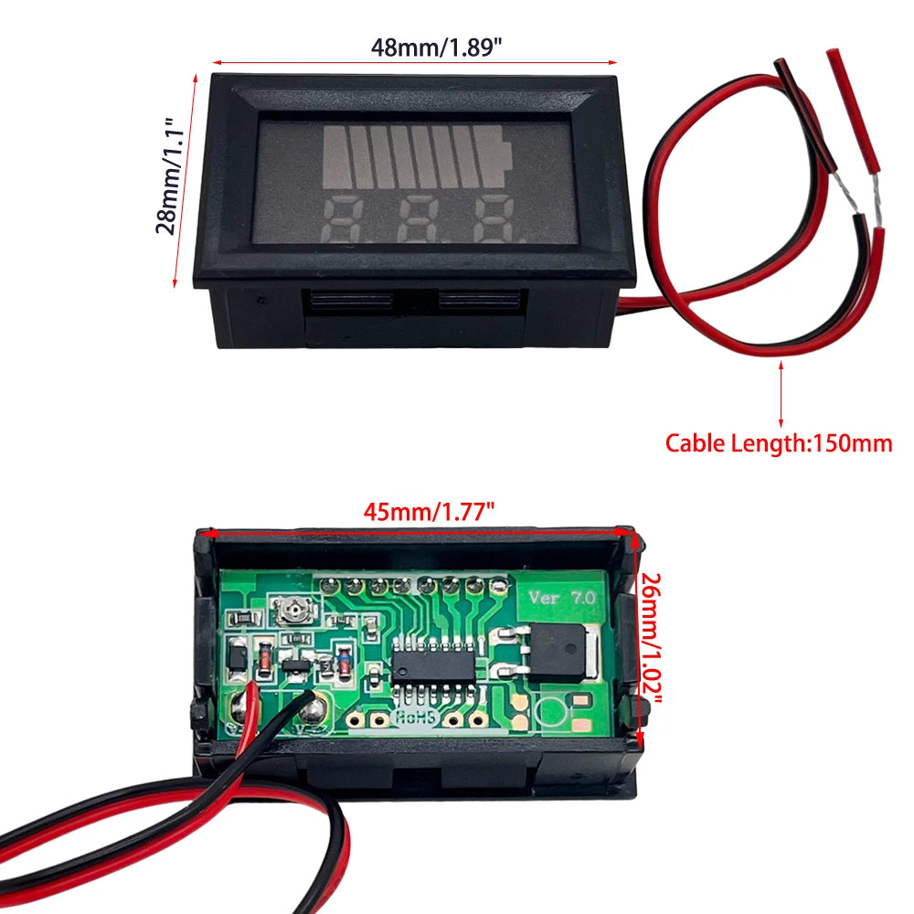 Car Battery Charge Level Indicator - 12V 24V 36V 48V 60V 72V Lithium Battery Capacity Meter, LED Tester and Voltmeter