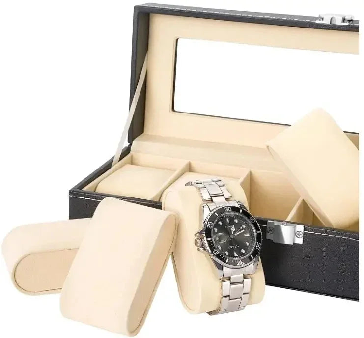 PU Leather Watch Display Box — Glass Top Storage Organizer with Slots for Men’s Watches, Perfect Gift