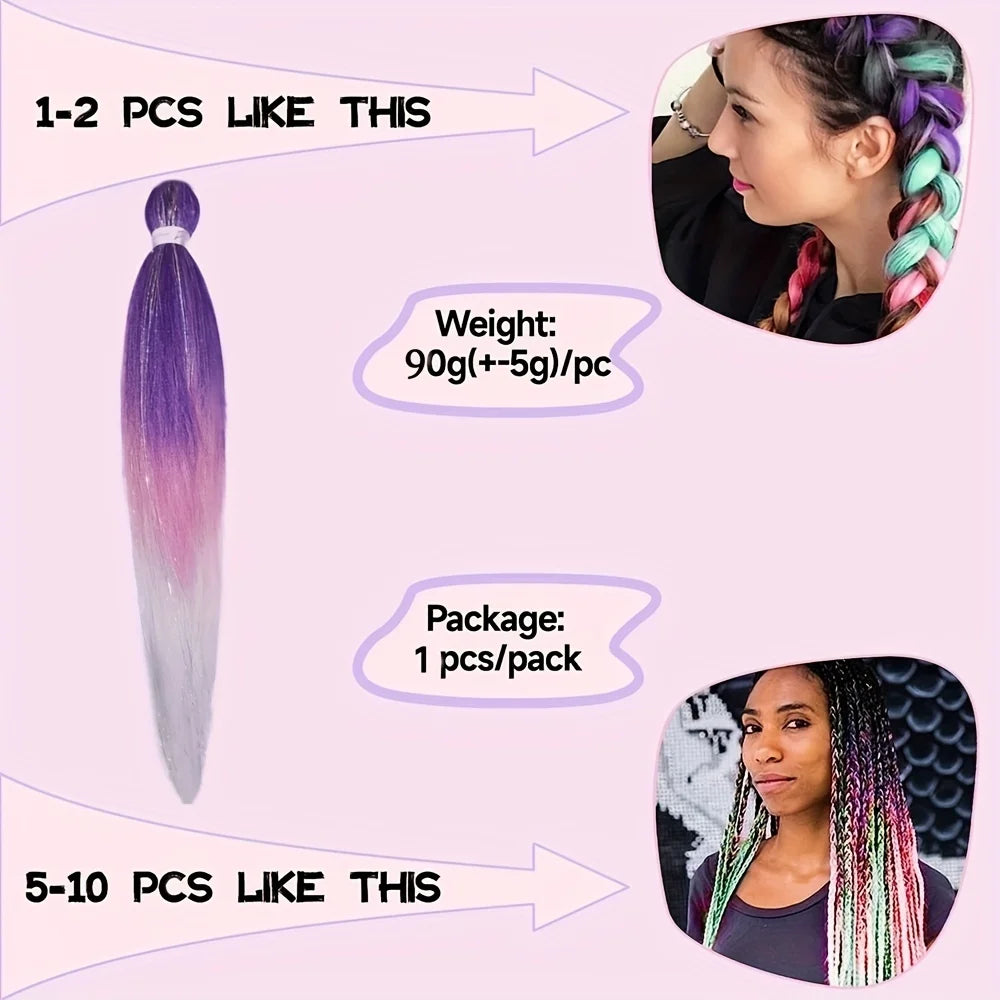 Purple, Pink & White Ombre Straight Braids – Hair Tinsel Festival Rave Extensions for Girls, Crazy Hair Day Braids
