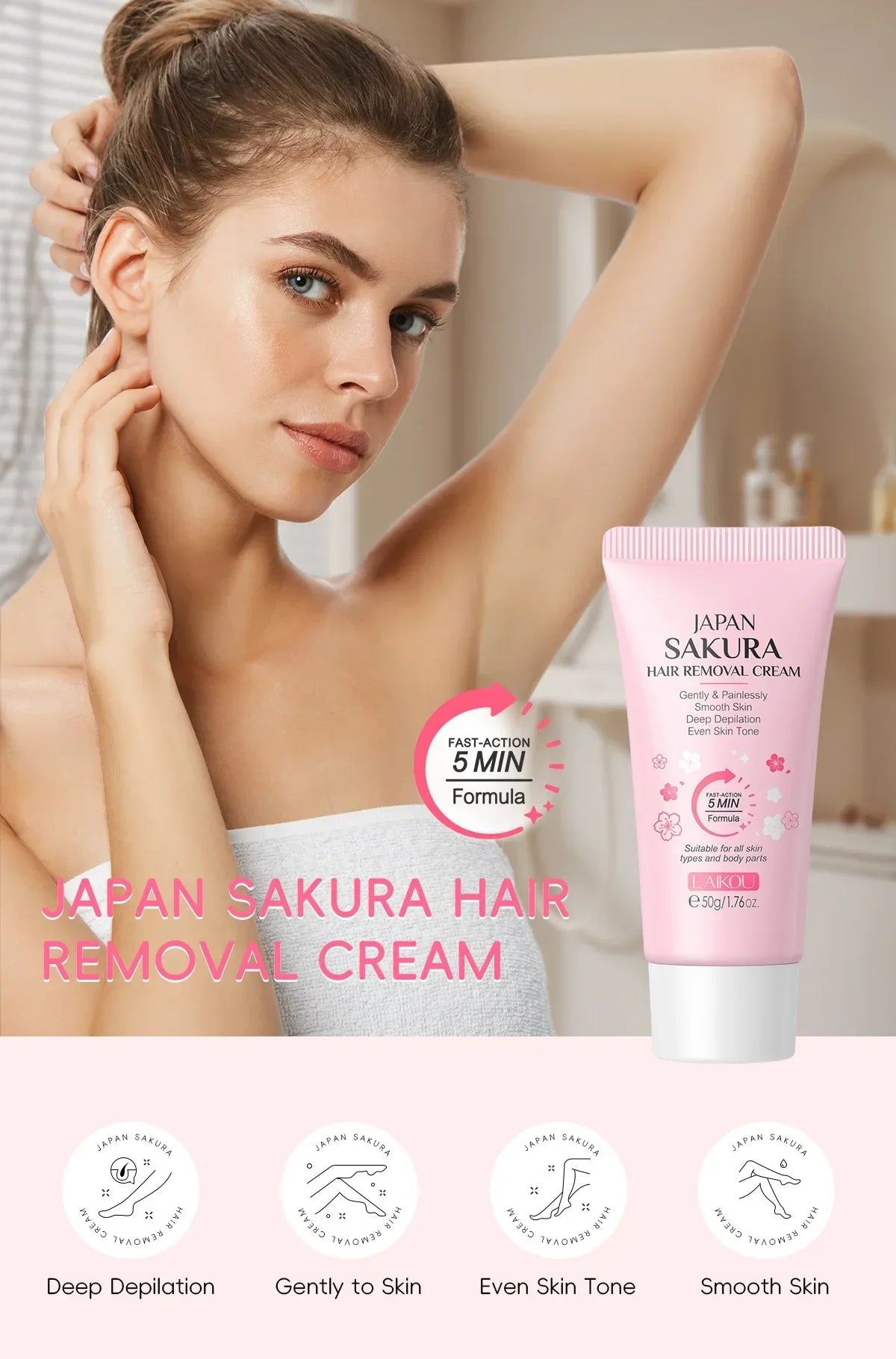LAIKOU Hair Removal Cream for Men & Women — Painless Body & Intimate Area Epilator with Hair Growth Inhibitor, 50g