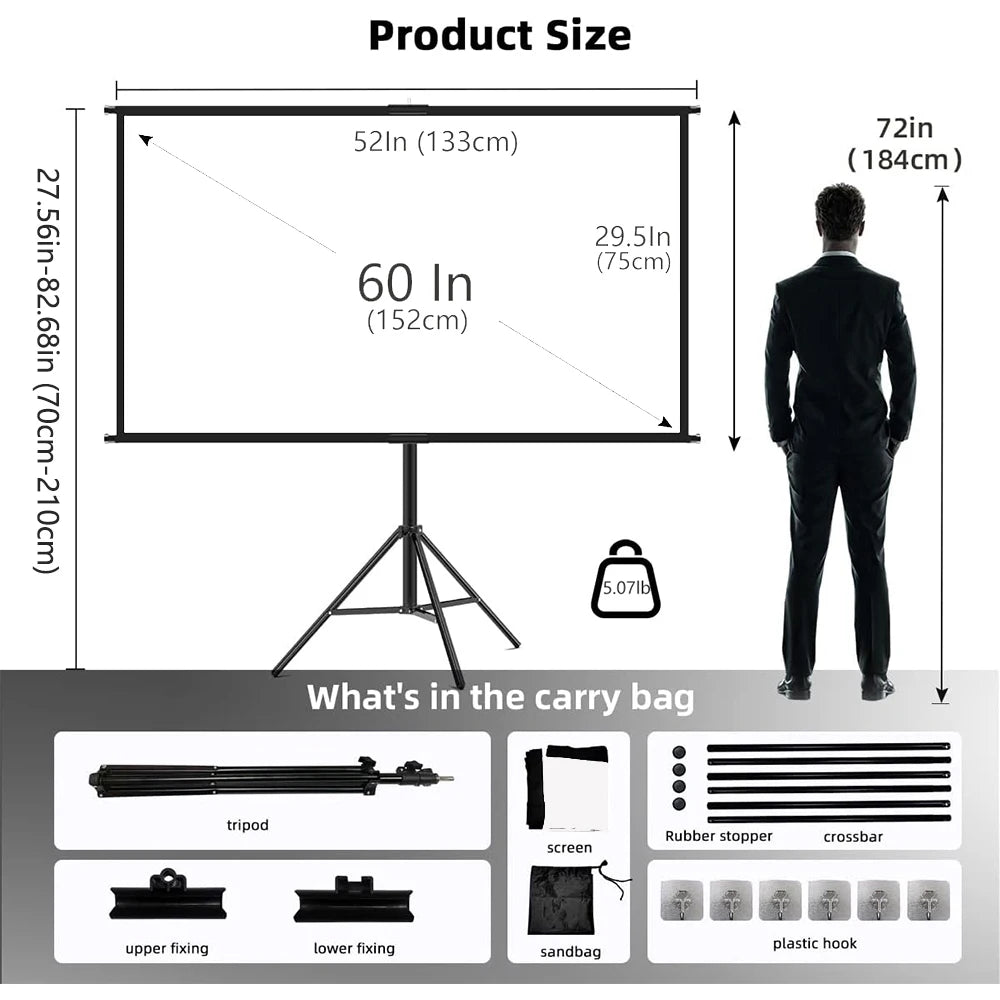 Foldable 16:9 Projector Screen with Stand – Wrinkle-Free 60–120" Portable Home Theater Indoor/Outdoor Screen