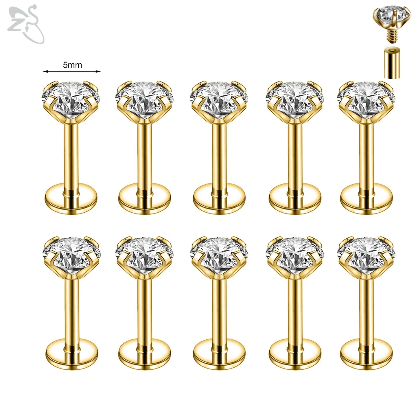 AOEDEJ 10PCS Gold Stainless Steel Labret Lip Studs – 16/18G CZ Crystal Helix, Cartilage & Tragus Piercings (2–6mm)