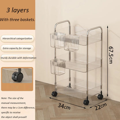 Transparent Acrylic Rolling Storage Cart - 2/3/4-Tier Trolley with Removable Hanging Baskets