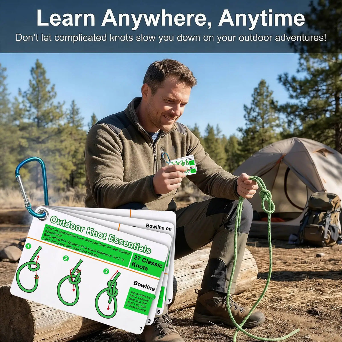 7-Piece Outdoor Knot Cards Set - 27 Classic Knots Guide with Mini Carabiner for Camping & Backpacking