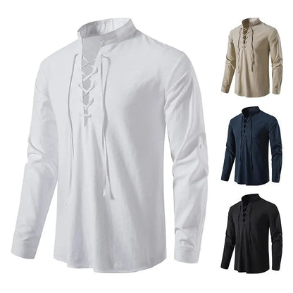 Men’s Cotton Linen Long Sleeve Shirt - Vintage Casual Drawstring Neck Shirt for Spring & Autumn