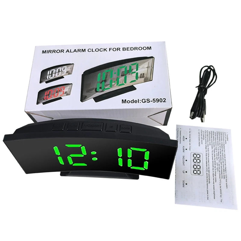 Noiseless LED Mirror Alarm Clock — Large Digital Display Silent Electronic Clock
