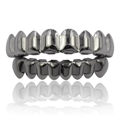 Glossy Teeth Grillz Set - Top & Bottom Anti-Slip Copper Dental Caps Gold Silver Halloween Jewelry Accessory