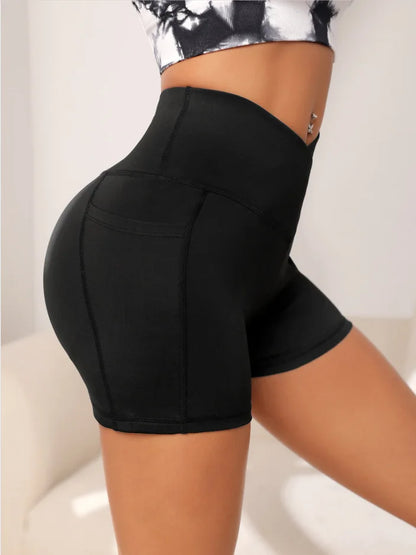 Women High Waist Yoga Biker Shorts - Cross Waist Fitness Shorts with Pocket for Workout & Activewear
