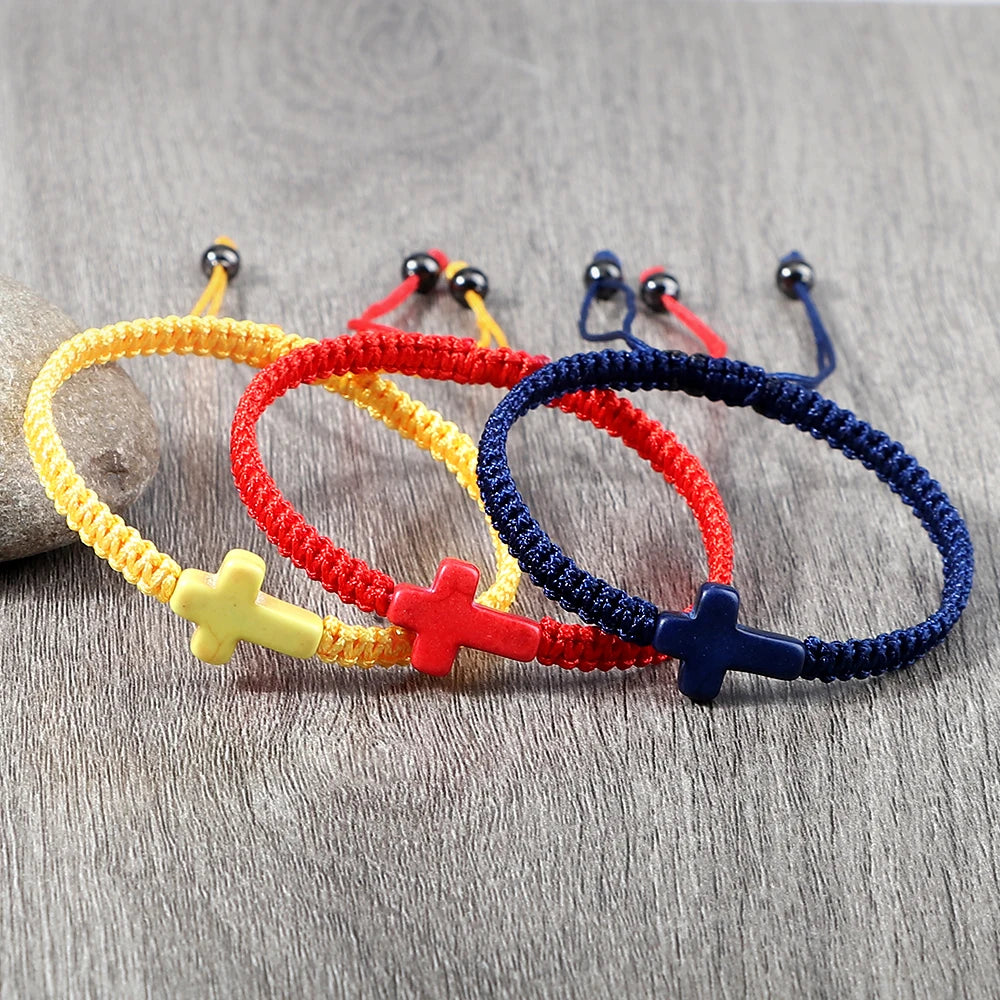 Hand Woven Jesus Cross Bracelet - Red & Black Braided Thread Lucky Couple Jewelry Gift for Men & Women