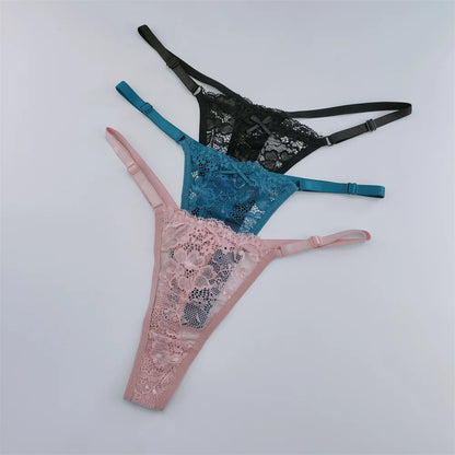 Women's Lace Thong Set - 3-Piece Low Waist Breathable Sheer G-String Lingerie