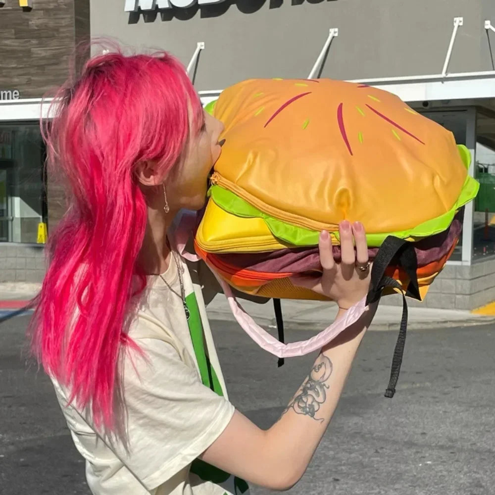 Stylish Hamburger PU Daypack Backpack – Casual Zipper Laptop Bag for Travel, Outdoor, and Unisex Use