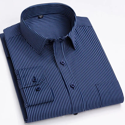 Men’s Plaid Stripe Long Sleeve Shirt - Casual Business Formal Office Shirt with Single Pocket for All Seasons