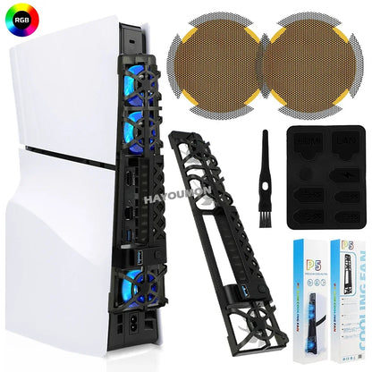 PS5 Slim / Pro Cooling Fan Stand with LED Lights – 3-Level USB 3.0 Hub Cooling System with Dust Cover Net for PS5 Console