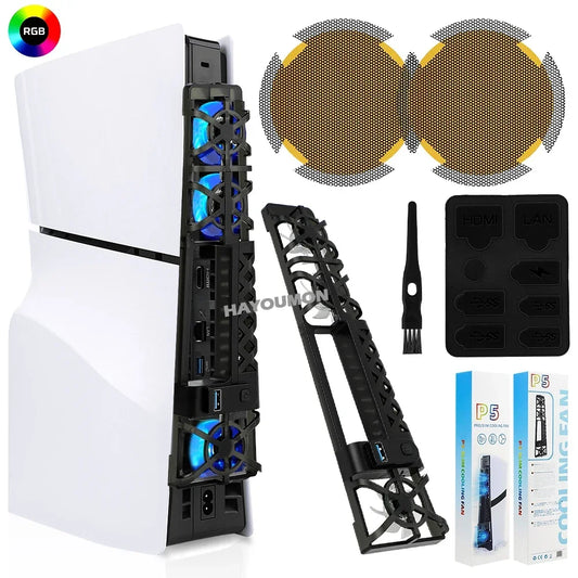 PS5 Slim / Pro Cooling Fan Stand with LED Lights – 3-Level USB 3.0 Hub Cooling System with Dust Cover Net for PS5 Console