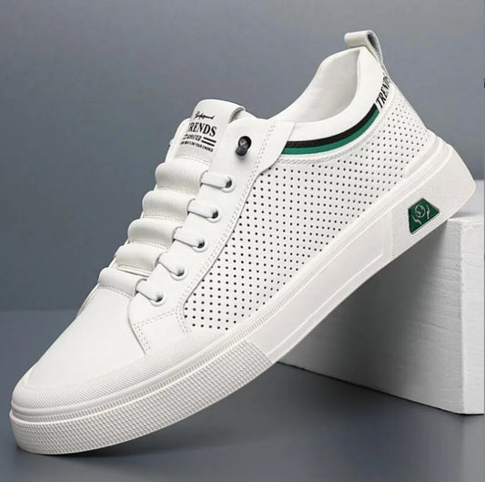 Men’s Genuine Leather Casual Sneakers – Breathable Cow Leather Skateboard Shoes, Street Trend Flat Summer Footwear